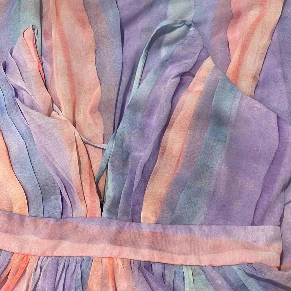 Ever After Pastel Watercolor Deep V-Neck Sheer Tulle Maxi Dress Sz S - Picture 13 of 16